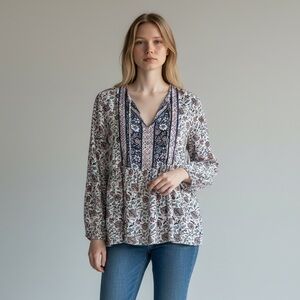 2/$30 Lucky Brand Women's Floral Boho V-Neck Long Sleeve Blouse Blue and Pink